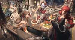 4girls ahoge animal_print apron arm_belt arm_cutout arm_ribbon asymmetrical_bangs bare_shoulders belt bird_print black-framed_eyewear black_belt black_dress black_sleeves blanket blue_hair blunt_bangs bonsai bow bowl braid brown_hair carpet character_request chili_pepper chinese_commentary christmas cleavage_cutout clothing_cutout collarbone commentary_request couch cowboy_shot cutting_board detached_sleeves diamond_cutout double_bun dress evening_gown eyelashes fireworks flower_knot food frilled_apron frilled_dress frills fruit fur-trimmed_sleeves fur_scarf fur_trim glasses hair_bobbles hair_bow hair_bun hair_ornament hair_over_one_eye hairband ham hand_on_own_elbow highres holding holding_board holding_plate holding_tray indoors jacket juliet_sleeves kinsatsu_(grizzled) kneeling lattice leaf_hair_ornament living_room long_bangs long_hair long_sleeves looking_at_viewer low_twin_braids maid maid_headdress mandarin_orange medium_dress miniskirt multiple_belts multiple_girls night on_couch open_clothes open_jacket open_mouth orange_shirt orange_skirt outstretched_arm parted_bangs parted_lips path_to_nowhere petals plant plate pom_pom_(clothes) potted_plant pudding puffy_sleeves red_bow red_dress red_eyes red_hair red_hairband red_lips red_ribbon red_sleeves ribbon rose_petals salad salsa scarf serpent_(awaken_from_slumber)_(path_to_nowhere) serpent_(path_to_nowhere) shirt short_hair single_hair_bun skirt sleeves_past_wrists smile square_neckline studded_belt table tassel teeth tray twin_braids twintails two-tone_sleeves upper_teeth_only vase very_long_hair watermark weibo_watermark white_apron white_dress white_headdress white_jacket white_scarf white_sleeves wide_sleeves x_hair_ornament