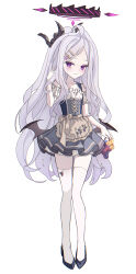 1girl absurdres alternate_costume apron black_halo black_shoes black_wings blue_archive blue_dress blush closed_mouth collarbone commentary_request detached_sleeves dress food fruit full_body grapes hair_ornament hairclip halo hand_in_own_hair hand_up high_heels highres hina_(blue_archive) holding horns long_hair looking_at_viewer low_wings multiple_horns nyangpan purple_eyes shoes simple_background sleeveless sleeveless_dress smile solo standing thighhighs very_long_hair waist_apron white_background white_hair white_thighhighs wings