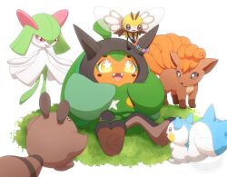 Rule 34 | colored skin, fangs, flower, full body, gen 1 pokemon, gen 2 pokemon, gen 3 pokemon, gen 4 pokemon, gen 7 pokemon, grass, green hair, highres, holding, kirlia, monaka (hc pkmn), multiple tails, nintendo, no humans, ogerpon, on grass, open mouth, outdoors, pachirisu, pokemon, pokemon (creature), red eyes, ribombee, sentret, sitting, smile, star-shaped pupils, star (symbol), symbol-shaped pupils, tail, teeth, vulpix, white skin, wings, yellow eyes