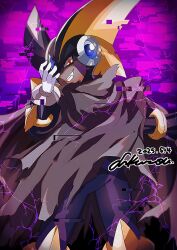 Rule 34 | 1boy, baron-0628, bass.exe (mega man), black bodysuit, black helmet, bodysuit, brown cloak, cloak, cowboy shot, dated, electricity, fang, forehead jewel, helmet, highres, male focus, mega man (series), mega man battle network (series), netnavi, red eyes, smirk, solo