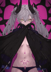 1girl black_cloak black_panties body_markings breasts cloak crossed_bangs demon_girl demon_horns demon_wings ear_piercing fate/grand_order fate_(series) green_eyes grey_hair hair_between_eyes highres horns lilith_(fate) lilith_(second_ascension)_(fate) long_hair looking_at_viewer medium_breasts navel neko_no_kedama panties piercing pointy_ears solo stomach_tattoo tattoo twintails underwear very_long_hair wings