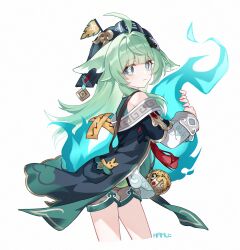 1girl absurdres ahoge animal_ears artist_name bare_shoulders black_hat cropped_legs fiery_tail flag frown gold_trim green_eyes green_hair green_jacket green_shorts hamu_(rz_1023) hat highres honkai:_star_rail honkai_(series) hugging_tail huohuo_(honkai:_star_rail) jacket long_hair looking_at_viewer off_shoulder paw-shaped_pupils shorts simple_background solo symbol-shaped_pupils tail talisman white_background