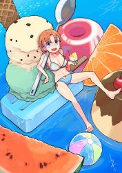 1girl ball beachball bou_r bowl food fruit gelatin ice_cream in_food long_hair orange_(fruit) orange_hair orange_slice original oversized_object popsicle pudding purple_eyes shaved_ice spoon watermelon