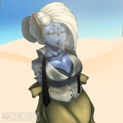 1girl alien arms_behind_back asymmetrical_hair black_necktie blue_lips blue_skin blue_sky bra bra_peek bra_visible_through_clothes breasts brown_jacket brown_skirt bursting_breasts cleavage colored_skin commentary day desert grey_bra hair_bun half-closed_eyes headgear hot jacket lace lace-trimmed_bra lace_trim large_breasts long_skirt medium_hair mole mole_under_eye necktie no_nose off_shoulder parted_lips shar_(the_willow_fox) shirt single_hair_bun skirt sky sleeves_rolled_up solo sweat sweaty_clothes t&#039;au the_willow_fox underwear undone_necktie warhammer_40k wet wet_clothes white_hair white_shirt