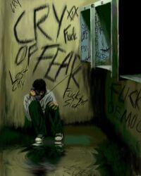 1boy alley black_hair cry_of_fear curled_up english_text full_body graffiti grey_hoodie hand_on_knees head_down highres holding holding_phone hood hood_down hoodie jaxtr_s phone phone_booth puddle reflective_floor short_hair simon_henriksson sitting solo