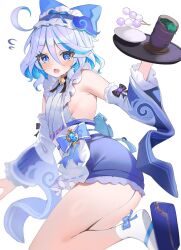 1girl ahoge ass bare_shoulders bell black_bow blue_bow blue_eyes blue_hair blue_kimono blue_shoes blue_sleeves blush bow cosplay cup dango detached_sleeves food frilled_sleeves frills full_body furina_(genshin_impact) genshin_impact heterochromia highres holding holding_tray hydro_symbol_(genshin_impact) japanese_clothes kimono looking_at_viewer multicolored_hair open_mouth plate shoes short_hair simple_background sleeveless sleeveless_kimono socks solo streaked_hair thighs tray tsukise_miwa vision_(genshin_impact) wagashi white_background white_socks wide_sleeves yumemizuki_mizuki yumemizuki_mizuki_(cosplay)