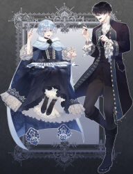 1boy 1girl black_boots black_coat black_dress black_shoes black_vest blue_cloak blue_eyes boots chloe_d&#039;apchier cloak coat dress fur-trimmed_cloak fur_trim grey_pants highres holding holding_instrument instrument jisue10 pants shirt shoes short_hair vanitas_no_carte vest white_hair white_shirt