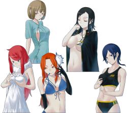 5girls alternate_hairstyle ban_airi bikini black_bikini black_gloves black_hair black_jacket blue_bikini blue_eyes blue_hair breasts brown_eyes brown_hair cleavage covered_navel devil_survivor_(series) devil_survivor_2 elbow_gloves embarrassed female_focus flower front-tie_bikini_top front-tie_top glasses gloves grabbing_another&#039;s_breast groping hair_flower hair_ornament jacket kanno_fumi kujou_hinako large_breasts long_hair matching_hair/eyes mouth_hold multiple_girls naked_jacket navel nitta_io nude orange_eyes orange_hair red_hair sako_makoto scarf short_hair small_breasts smile sports_bra sweatdrop swimsuit tagme underboob yasuda_suzuhito