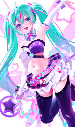 1girl :d absurdres ahoge aqua_hair arm_up armpits blue_bow blue_bowtie blue_eyes blush bow bowtie bra breasts cleavage detached_sleeves emduck floating_hair garter_straps hatsune_miku highres holding holding_staff layered_skirt long_hair long_sleeves looking_at_viewer microskirt navel open_mouth purple_bra purple_thighhighs skirt sleeves_past_wrists small_breasts smile solo staff standing standing_on_one_leg strapless strapless_bra thighhighs twintails two-tone_bra underwear very_long_hair vocaloid white_bra white_skirt white_sleeves