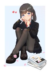 1girl absurdres black_pantyhose blazer blue_eyes blush bow bowtie braid brown_hair collared_shirt full_body highres jacket loafers long_hair looking_at_viewer original panties panties_under_pantyhose pantyhose pleated_skirt ponytail red_bow red_bowtie school_uniform shirt shoes sitting skirt smile solo underwear wanliu white_panties white_shirt