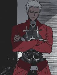 1boy archer_(fate) armor coat crossed_arms dark-skinned_male dark_skin fate/stay_night fate_(series) fog_fgo highres male_focus red_coat solo spiked_hair white_hair