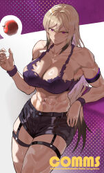 1girl abs absurdres apple blonde_hair breasts collarbone commentary commission english_commentary food fruit highres large_breasts long_hair multicolored_hair muscular muscular_female navel original park_ongjol purple_eyes solo two-tone_hair