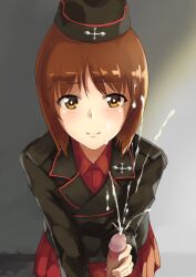 Rule 34 | 1boy, 1girl, blush, brown eyes, brown hair, cum, cum on body, cum on clothes, cum on hair, ejaculation, facial, girls und panzer, handjob, hetero, kuromorimine military uniform, looking at viewer, nishizumi miho, paizuri, penis, pov, pubic hair, takeda seiji