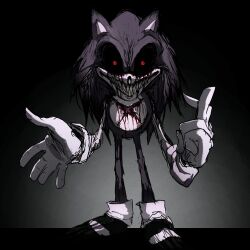 black_sclera blood bloody_tears colored_sclera crying crying_with_eyes_open gloves guro highres looking_at_viewer lord_x_(sonic.exe) red_eyes scar scar_on_chest sharp_teeth shefki smile sonic.exe sonic_(series) sonic_the_hedgehog tears teeth visible_muscle white_gloves x