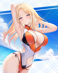 1girl akiei armpits arms_up bikini blonde_hair blush breasts clothing_cutout forehead gakuen_idolmaster groin highres idolmaster juo_sena large_breasts light_smile long_hair looking_at_viewer multicolored_swimsuit navel navel_cutout partially_unzipped presenting_armpit side-tie_bikini_bottom solo sweat swimsuit thighs