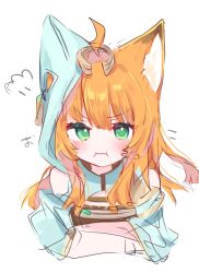 Rule 34 | 1girl, :i, ahoge, animal ear fluff, animal ears, arknights, blue jacket, blush, closed mouth, commentary request, cropped torso, green eyes, highres, hood, hood up, hooded jacket, jacket, long hair, looking at viewer, orange hair, papyrus (arknights), pout, simple background, solo, sutoooooobu, upper body, v-shaped eyebrows, white background