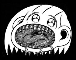 15ooo 1girl black_background body_horror chibi creepy drooling open_mouth original saliva solo teeth tongue