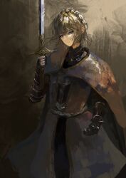 1girl absurdres armor asaki_(asaki_vision) blonde_hair blue_eyes elden_ring highres holding holding_sword holding_weapon knight looking_at_viewer needle_knight_leda short_hair solo sword weapon