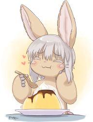 Rule 34 | 1other, animal ears, blush, body fur, brown fur, closed eyes, closed mouth, commentary, eating, english commentary, food, food on face, gomuhimo (nawataro), grey hair, hair between eyes, heart, highres, holding, holding spoon, made in abyss, medium hair, nanachi (made in abyss), plate, pudding, simple background, solo, spoon, thick arms, upper body, white background, white fur, yellow background