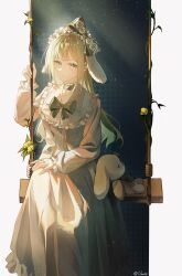 1girl :/ \||/ animal_ear_hairband animal_ears artist_name bang_dream! bang_dream!_it&#039;s_mygo!!!!! bow bowtie choker closed_mouth collared_dress dress fake_animal_ears feet_out_of_frame fingernails flower frilled_choker frilled_dress frilled_hairband frills green_bow green_bowtie green_choker green_hair hair_bow hairband hand_on_own_leg hand_up hashtag-only_commentary highres holding holding_rope lace_bow long_dress long_hair long_sleeves looking_to_the_side on_swing outside_border pillarboxed plant puffy_long_sleeves puffy_sleeves rabbit_ears rope sidelighting sidelocks sitting solo stuffed_animal stuffed_toy swept_bangs swing umie_(iowae) vines wakaba_mutsumi yellow_eyes yellow_flower