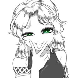Rule 34 | 1girl, closed mouth, commentary request, green eyes, greyscale, looking at viewer, mizuhashi parsee, monochrome, parted bangs, pointy ears, shirt, short hair, simple background, sleeveless, sleeveless shirt, smile, solo, spot color, tongue, tongue out, touhou, upper body, v, v over mouth, yokozuna iwashi