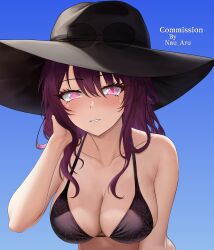 1girl absurdres artist_name bikini black_bikini black_hat blush breasts cleavage collarbone commission eyewear_on_headwear glasses hat highres honkai:_star_rail honkai_(series) kafka_(honkai:_star_rail) nau_aru pink_eyes purple_hair sky solo spider_web_print sun_hat swimsuit upper_body