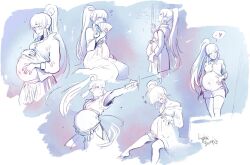 1girl artist_name ayaka_(genshin_impact) blush breasts collared_shirt covering_own_mouth dated fan genshin_impact hair_bun hair_tubes hand_on_own_stomach heart japanese_clothes kimono limited_palette long_hair looking_at_viewer medium_breasts midriff multiple_views ponytail pregnant sapphicbump shirt sidelocks signature