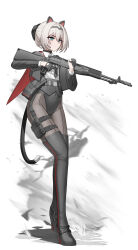 Rule 34 | 1girl, absurdres, alternate costume, an-94, an-94 (girls&#039; frontline), animal ears, assault rifle, black boots, black leotard, black necktie, blonde hair, blue eyes, boots, capelet, cat ears, cat tail, cheogtanbyeong, closed mouth, covered navel, fake animal ears, fake tail, full body, girls&#039; frontline, gloves, gun, hair between eyes, hair bun, hairband, half gloves, highres, holding, holding weapon, holster, jacket, leotard, long sleeves, magazine (weapon), medium hair, necktie, open clothes, open jacket, pantyhose, red capelet, rifle, shirt, shirt tucked in, smoke, solo, tail, thigh boots, thigh holster, trigger discipline, weapon, white background, white shirt