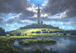 absurdres bird building castle city cloud davidfrasheski day eagle grass highres landscape no_humans original outdoors planted planted_sword planted_weapon sword tree water weapon