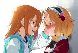 2girls black_bow black_bowtie blonde_hair blush bow bowtie commentary_request green_eyes hand_on_another&#039;s_head highres idolmaster idolmaster_cinderella_girls kazuta1000 looking_at_another multiple_girls open_mouth sakurai_momoka sweat yuri yuuki_haru