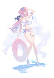 1girl absurdres alternate_costume arm_up bare_shoulders bikini blue_eyes breasts cleavage elysia_(honkai_impact) full_body highres honkai_(series) honkai_impact_3rd innertube large_breasts long_hair looking_at_viewer missing_commentary navel parted_lips pink_hair pink_pupils pmg simple_background sketch smile solo stomach swim_ring swimsuit thigh_gap thighs white_background white_bikini