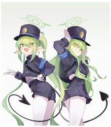 2girls blue_archive blue_hat blue_jacket blue_shorts closed_mouth fang gloves green_hair green_halo halo hands_up hat highres hikari_(blue_archive) jacket keji133 multiple_girls nozomi_(blue_archive) open_mouth pointy_ears shorts simple_background skin_fang smile thighhighs white_background white_gloves white_thighhighs yellow_eyes