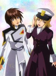 1boy 1girl absurdres artist_name ascot blonde_hair brother_and_sister brown_hair buttons cagalli_yula_athha character_name compass_uniform dated double-breasted formal_clothes gundam gundam_seed gundam_seed_freedom happy_birthday hat highres kira_yamato looking_at_viewer military_hat military_uniform pant_suit pants peaked_cap purple_eyes salute short_hair siblings smile suit twins twitter_username watermark white_ascot yellow_eyes yukiichigo216