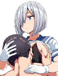 Rule 34 | 1boy, 1girl, belko, black bra, black hair, blue eyes, blue sailor collar, bra, breasts, expressionless, face to breasts, female focus, gloves, grabbing another&#039;s breast, grey hair, groping, hair over one eye, hamakaze (kancolle), hand on another&#039;s head, hand on another&#039;s shoulder, hetero, highres, kantai collection, large breasts, looking to the side, sailor collar, school uniform, serafuku, simple background, solo, solo focus, underwear, white background, white gloves