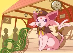absurdres animal_ears animal_nose bench bow bowtie brick_wall bright_pupils cape commentary conductor conductor_hat curvy espeon forehead_jewel forked_tail gen_2_pokemon hat highres long_ears looking_up nintendo outdoors people pokemon pokemon_(creature) pokemon_focus purple_eyes shadow sitting solo sunset tail train_station whistle whistle_around_neck white_pupils
