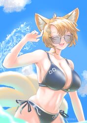 1girl animal_ears bikini black_bikini blonde_hair blue_sky breasts closed_eyes cloud collarbone dated fang fox_ears fox_girl fox_tail glasses kitsune kyuubi large_breasts medium_hair mole mole_on_thigh mole_under_eye multiple_tails navel ocean open_mouth side-tie_bikini_bottom sky smile solo soretsu_nitohei sunglasses swimsuit tail touhou twitter_username water yakumo_ran