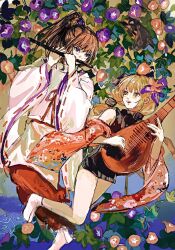 1boy 1girl ashashio black_hair blonde_hair blush bow detached_sleeves flower hair_flower hair_ornament hakama highres holding holding_instrument houjou_tokiyuki_(nige_jouzu_no_wakagimi) instrument japanese_clothes kariginu long_hair long_sleeves music nige_jouzu_no_wakagimi open_mouth playing_instrument ponytail purple_eyes ribbon sasaki_mima sash sidelocks_tied_back smile twintails wide_sleeves