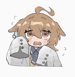 1girl agnes_tachyon_(umamusume) ahoge animal_ears black_necktie black_shirt blush brown_hair chemical_structure coat collared_shirt cowering ear_ornament earrings ears_down flying_sweatdrops frown grey_background hair_between_eyes highres horse_ears horse_girl jewelry lab_coat medium_hair necktie ohagi_0909 open_clothes open_coat open_mouth red_eyes scared shirt short_necktie simple_background single_earring sleeves_past_fingers sleeves_past_wrists solo sweater umamusume white_coat yellow_sweater