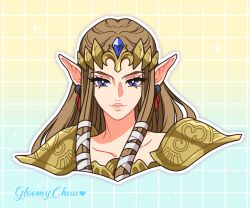 1girl armor blue_eyes brown_hair closed_mouth collarbone earrings eyelashes hair_tubes jewelry long_hair looking_at_viewer mroczniak_(gloomy_chuu) nintendo outline pauldrons pointy_ears portrait princess_zelda shoulder_armor signature solo the_legend_of_zelda the_legend_of_zelda:_twilight_princess tiara white_outline