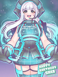 1girl absurdres apron asymmetrical_sidelocks blush chest_harness cowboy_shot d4dj dated dress floating_hair frilled_apron frills from_below garter_straps gloves grey_eyes happy_birthday harness hat headset high_collar highres izumo_saki long_hair looking_at_viewer microphone outstretched_hand parted_bangs pinafore_dress pleated_skirt roman_numeral short_dress skirt sleeveless sleeveless_dress solo teeth thighhighs upper_teeth_only user_mkya7747 white_hair