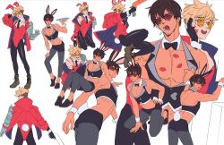 2boys animal_ears bare_shoulders black_bow black_bowtie black_gloves black_necktie black_pantyhose black_shoes black_shorts black_vest blonde_hair blush boots bow bowtie brown_hair carrot coat detached_sleeves facial_hair fake_animal_ears fake_tail gloves gun hair_between_eyes hand_on_own_cheek hand_on_own_face heart heart-shaped_eyewear highres holding holding_gun holding_plate holding_weapon kneeling leaning_forward leotard lipstick_mark male_focus mechanical_arms midriff multiple_boys multiple_views necktie nicholas_d._wolfwood open_mouth pantyhose partially_fingerless_gloves plate rabbit_boy red_coat red_leotard round_eyewear shoes short_hair shorts single_mechanical_arm solthrys standing stubble sunglasses tail tongue tongue_out trigun undercut vash_the_stampede vest waistcoat weapon white_background wrist_cuffs yaoi