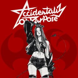 1girl bandeau boots commentary cowboy_shot fingerless_gloves gloves greyscale_with_colored_background highres jacket k-pop long_hair quintortion real_life red_background red_velvet_(group) seulgi_(red_velvet) shorts solo tail thigh_boots