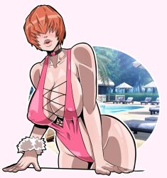 1girl ass bent_over bikini breasts chair collar curvy fishnets heart huge_ass huge_breasts large_breasts leaning_forward long_hair nipples one-piece_swimsuit outdoors pale_skin pink_bikini pool pululito pululito1 pululon red_hair shermie_(kof) shiny_clothes shiny_skin swimsuit the_king_of_fighters thick_lips thick_thighs thighs tight_clothes toned toned_female umbrella water wide_hips