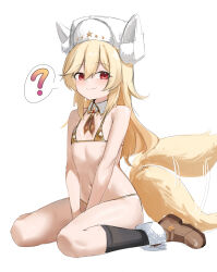 1girl ? absurdres animal_ears between_legs bikini black_socks blonde_hair boots brown_neckerchief detached_collar fake_animal_ears flat_chest full_body girls&#039;_frontline gold_bikini hair_between_eyes hand_between_legs hat highres long_hair nagant_revolver_(girls&#039;_frontline) nagant_revolver_(mod3)_(girls&#039;_frontline) navel neckerchief petite red_eyes shenqi_xiaohuang simple_background sitting smile socks solo speech_bubble spoken_question_mark swimsuit tail tail_wagging ushanka wariza white_background