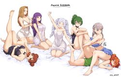6+girls arrow_(symbol) ass barefoot bed black_bow black_nightgown blue_eyes blue_skirt blunt_bangs bow braid breasts brown_hair cleavage closed_eyes collarbone donut double_bun eating elf feet fern_(sousou_no_frieren) food frieren green_hair green_shorts grey_hair hair_bun highres jk_arts kanne_(sousou_no_frieren) kneeling large_breasts laufen_(sousou_no_frieren) lawine_(sousou_no_frieren) legs_up long_hair medium_hair methode_(sousou_no_frieren) multiple_girls nightgown open_mouth orange_eyes orange_hair panties pantyshot pointy_ears purple_eyes purple_hair short_hair shorts side_braid signature sitting sitting_on_face sitting_on_person skirt sleepwear smile sousou_no_frieren stretching tank_top toenails toes twintails ubel_(sousou_no_frieren) underwear white_hair white_nightgown white_tank_top wrestling