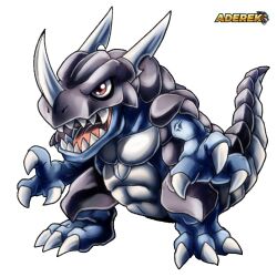 Rule 34 | aderek, c&#039;mon digimon: the capering monster bun, greymon, horns, muscular, open mouth, red eyes, sharp teeth, simple background, tail, teeth, veins, white background