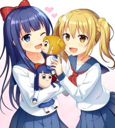 10s 2girls :3 ;d blue_eyes blue_hair blue_skirt blunt_bangs blush bow character_doll commentary_request gradient_background hair_bow heart highres leaning_forward long_hair long_sleeves multiple_girls neckerchief one_eye_closed open_mouth pipimi pleated_skirt poptepipic popuko red_bow red_neckerchief revision school_uniform serafuku shirt skirt smile straight_hair tareme twintails white_background white_shirt yuri yuusa