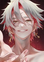 1boy absurdres burn_scar chigusa7h colored_inner_hair commentary_request cross cross_earrings earrings fingernails grey_hair grin hair_between_eyes heterochromia highres jewelry looking_at_viewer male_focus multicolored_hair portrait reaching reaching_towards_viewer red_eyes red_hair scar scar_(wuthering_waves) scar_across_eye scar_on_face short_hair smile solo streaked_hair teeth twitter_username wuthering_waves yellow_eyes