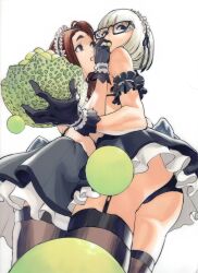 arm_garter ass black-framed_eyewear black_eyes black_gloves black_panties black_thighhighs brown_eyes brown_hair dress dropping eating feeding food fruit garter_straps gloves hair_ornament holding holding_food maid_headdress melon non-web_source panties petticoat photoshop_(medium) rectangular_eyewear short_dress short_hair simple_background takayanagi_katsuya thighhighs underwear white_background white_hair