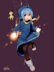 Rule 34 | 1girl, black background, black pantyhose, blonde hair, blue coat, blue hair, boots, coat, commentary request, fang, full body, gradient hair, kantai collection, kirin kai-ii, long hair, machinery, multicolored hair, one-hour drawing challenge, pantyhose, red eyes, righgi, rubber boots, sado (kancolle), signature, silver boots, simple background, skin fang, smokestack, solo, stuffed animal, stuffed giraffe, stuffed toy